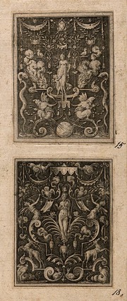 A goddess (Bellona?) surrounded by stags, rabbits or hares, demons and owls. Engraving by E. Delaune, ca. 1560.