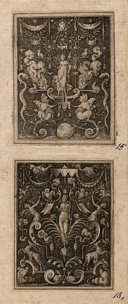 A goddess (Bellona?) surrounded by stags, rabbits or hares, demons and owls. Engraving by E. Delaune, ca. 1560.
