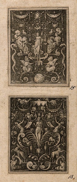 view A goddess (Bellona?) surrounded by stags, rabbits or hares, demons and owls. Engraving by E. Delaune, ca. 1560.