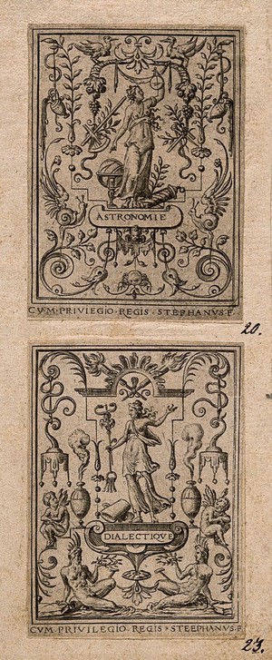 view A woman holding the caduceus and a bunch of keys; representing dialectic. Engraving by E. Delaune, ca. 1560.