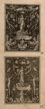 A woman holding a compass and a square rule; representing architecture. Engraving by E. Delaune, ca. 1560.