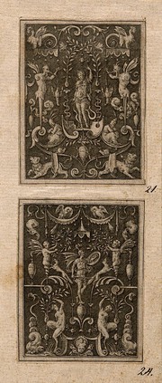 The god Apollo holding his bow and an arrow. Engraving by E. Delaune, ca. 1560.