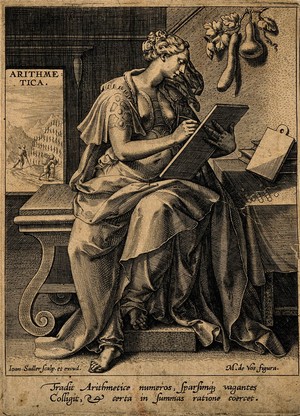 view A female figure book keeping; representing arithmetic. Engraving by J. Sadeler after M. de Vos.