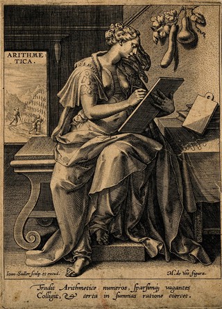 A female figure book keeping; representing arithmetic. Engraving by J. Sadeler after M. de Vos.