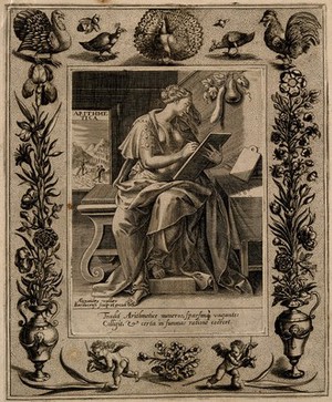 view A female figure book keeping; representing arithmetic. Engraving by A. Vallée after M. de Vos.