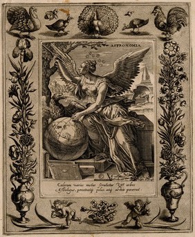 A female figure with wings and a globe; representing astronomy. Engraving by A. Vallée after M. de Vos.