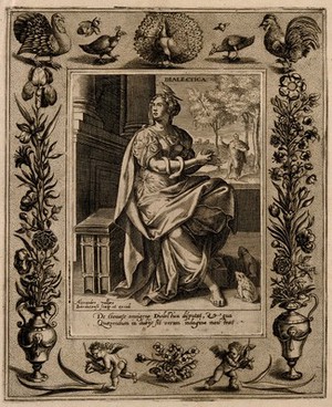 view A woman with a bird on her head; representing dialectic. Engraving by A. Vallée after M. de Vos.