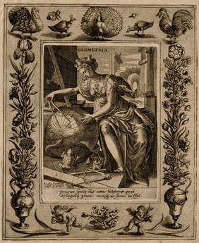 A female figure with a castle on her head measures a globe with a compass; representing geometry. Engraving by A. Vallée after M. de Vos.