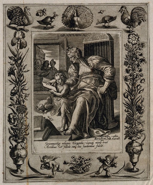 A female figure teaching an infant to read; representing grammar. Engraving by A. Vallée after M. de Vos.
