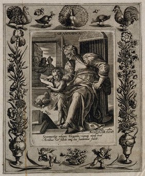 A woman teaching an infant to read; representing grammar. Engraving by A. Vallée after M. de Vos.