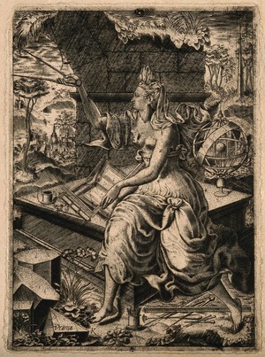 view Urania, the muse of astronomy. Engraving by L. Kilian (?), 16--.