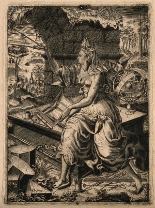 Urania, the muse of astronomy. Engraving by L. Kilian (?), 16--.