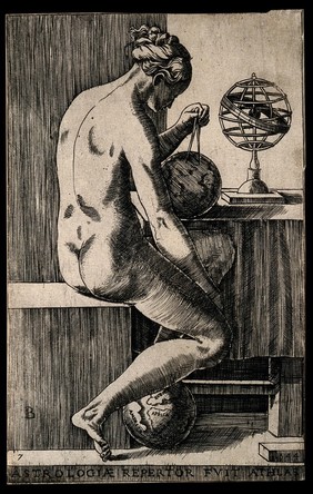 A female nude draws a compass over a globe; representing astrology. Engraving attributed to G. Bonasone, 1544.