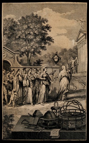 view A group of figures from antiquity are led into a garden by a woman with a telescope and a hand mirror. Etching.