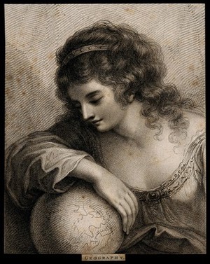 view A female figure resting her arm on a globe; representing geography. Stipple engraving.