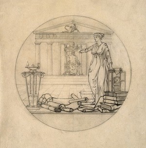 view Clio, Aesculapius and Hygieia: design for a medal for someone in the field of medical history. Pencil drawing, 1911.