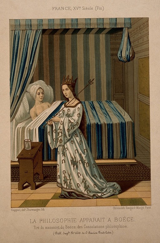 The figure of Philosophy appearing to Boethius. Chromolithograph by Thurwanger after Ciappori after a 15th-century painting.