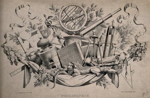 view Scientific instruments and attributes of philosophy: gyroscopes, telescope, pestle and mortar, cosmological manuals, natural history specimens etc.. Lithograph by J-B-J. Jorand, 1835.