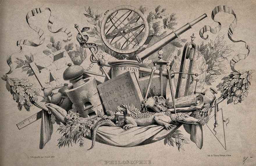 Scientific instruments and attributes of philosophy: gyroscopes, telescope, pestle and mortar, cosmological manuals, natural history specimens etc.. Lithograph by J-B-J. Jorand, 1835.