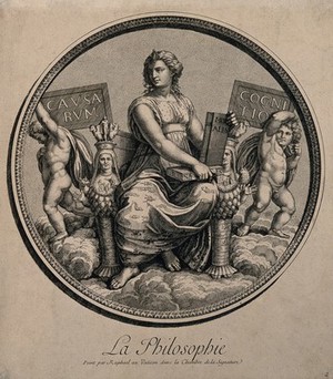 view A woman representing philosophy. Etching by B. Audran the elder, c. 1700, after Raphael.