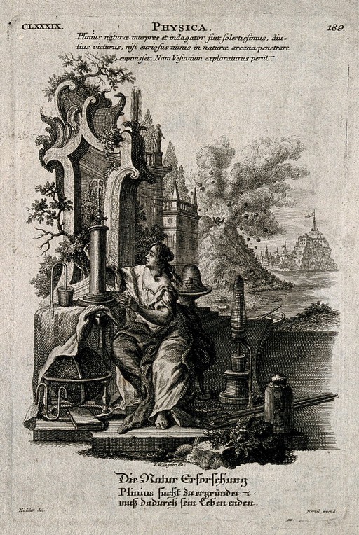 Figures representing the investigation of nature; in the background, Pliny the elder being killed while investigating Vesuvius during its eruption. Engraving by I. Wangner after Eichler.