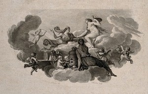 view Painting personified with its ancillary arts and sciences: optics, chemistry and mineralogy. Engraving by P.C. Baquoy, 1809, after J.M. Moreau.