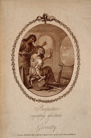 view A female figure at an easel is helped by another with a compass; representing perspective and geometry in art. Coloured stipple engraving, 1786.