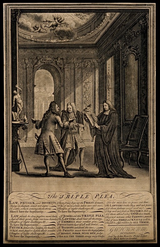Personifications of Law, Medicine and Theology argue over their superiority. Engraving, c. 1700.
