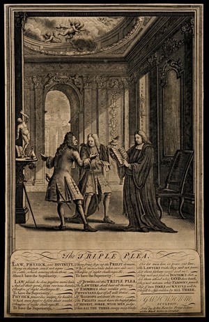 view Personifications of law, medicine and theology argue over the superiority of their respective professions. Engraving by GWHWHNM, ca. 1720.