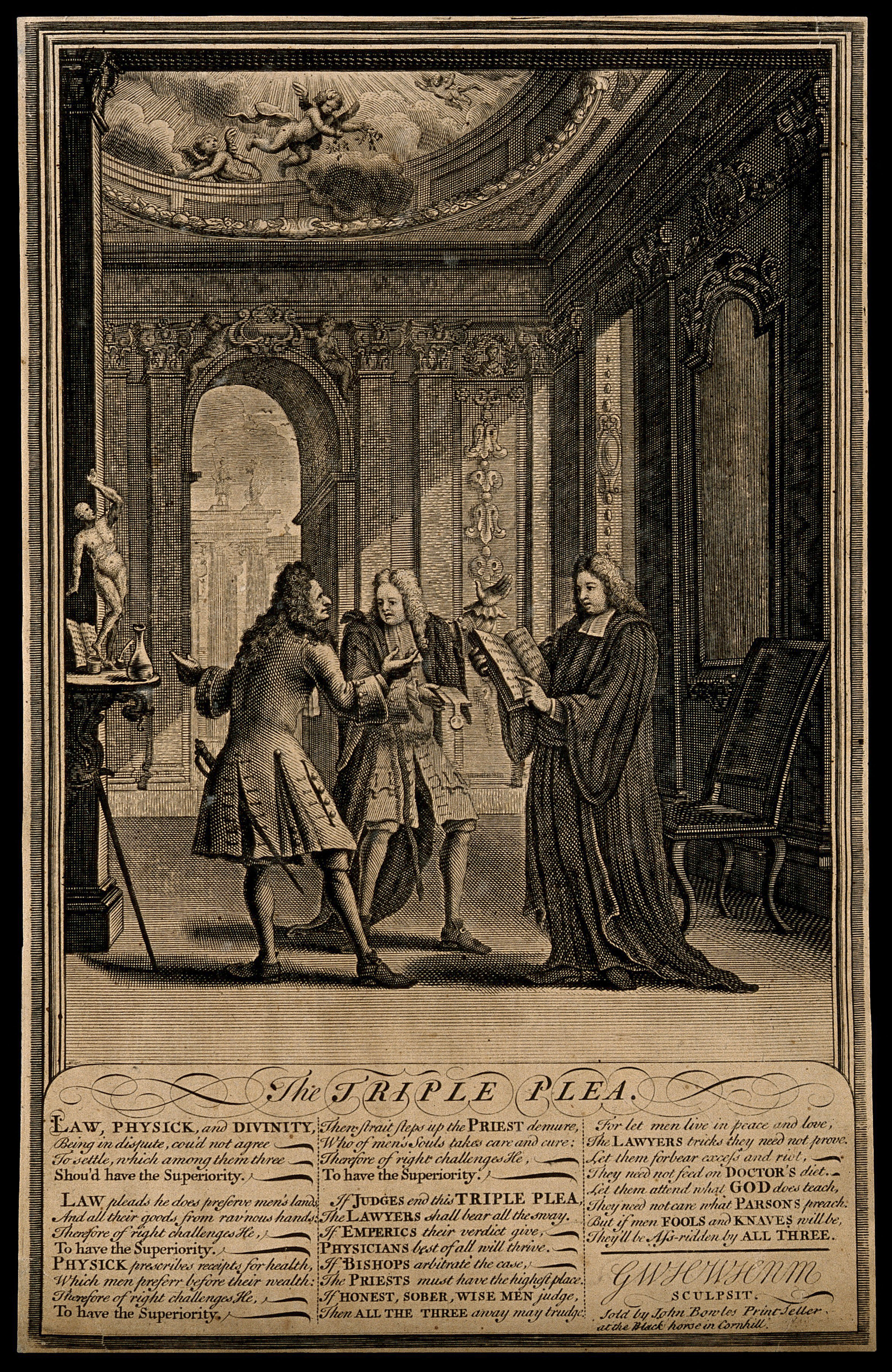 Personifications of law, medicine and theology argue over the superiority of their respective professions. Engraving by GWHWHNM, ca. 1720.