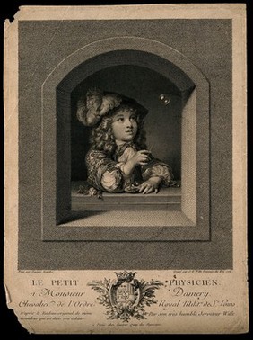 A child blowing bubbles. Engraving by J.G. Wille, 1761, after G. Netscher, 1670 (?).