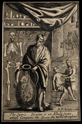 A scholar in a surgeon's workroom with a jar of spirits containing Saint Michael defeating a dragon with a barbued tonge; representing the scholar's knowledge of chemistry enabling surgeons to heal, by setting the beneficent force of alkalis against the noxious force of acids. Etching by P.P. Bouche, ca. 1686.