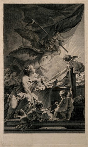 view A woman personifying anatomy looks searchingly into the light emanating from a corpse, but she is mortally threatened by the scythe of Time; representing anatomy's struggle with decay. Engraving by N-G. Dupuis, 1759, after J-B-M. Pierre.