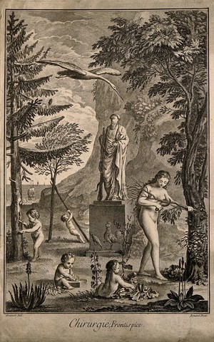 view An allegory of surgery. Engraving by R. Benard after B.L. Prevost, 17--.