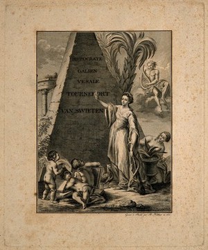 view Hygieia stands before a pyramid engraved with the names of famous figures in the history of medicine. Etching by B. Hübner, 1777.