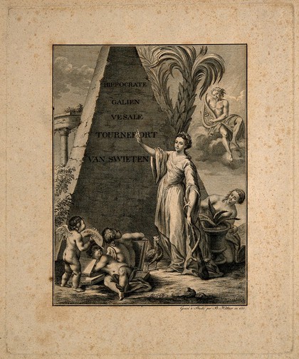 Hygieia stands before a pyramid engraved with the names of famous figures in the history of medicine. Etching by B. Hübner, 1777.