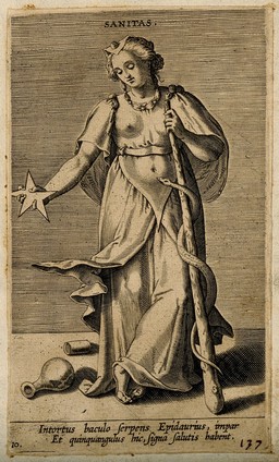 Hygieia, goddess of health, holding a pentacle and a staff encircled by a snake. Engraving by P. Galle, c. 1595.