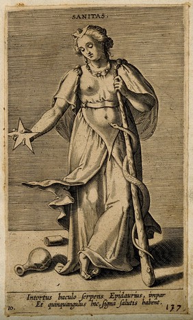 Hygieia, goddess of health, holding a pentacle and a staff encircled by a snake. Engraving by P. Galle, c. 1595.