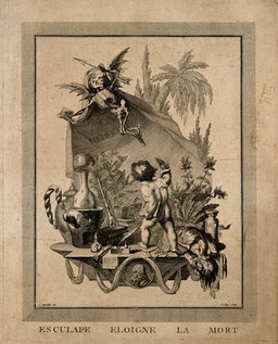 A cherubic Aesculapius fends off death with medicine. Engraving by Le Roy after C-P. Marillier.