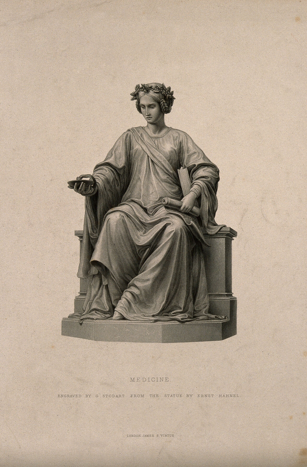 Statue of a seated woman personifying medicine. Stipple engraving by G. Stodart, 18--, after E.J. Hähnel., by Ernst Julius Hähnel
