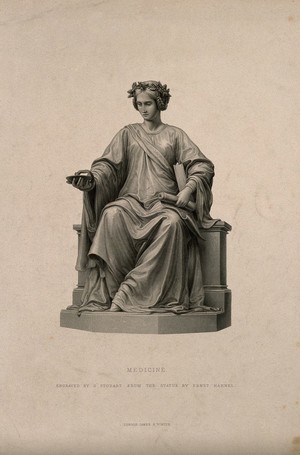 view Statue of a seated woman personifying medicine. Stipple engraving by G. Stodart, 18--, after E.J. Hähnel.