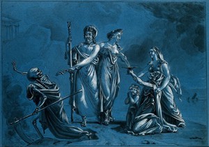 view Aesculapius (representing medicine) routing death, Ceres (?) supplying milk to the starving. Drawing attributed to J.-C. Bordier du Bignon, 1822.