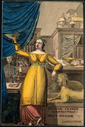 Hygieia, goddess of health, in a scientific cabinet. Coloured pen and ink drawing by O. Cramer, 1837.