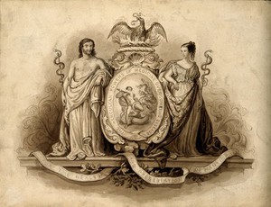 view Aesculapius and Hygieia, with Hercules fighting the hydra; representing medicine. Watercolour painting.