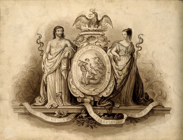 Aesculapius and Hygieia, with Hercules fighting the hydra; representing medicine. Watercolour painting.