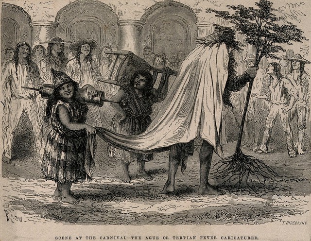 A small Indian woman with a clyster pulls at a sheet worn by a man, who is holding an uprooted tree; representing malaria. Wood engraving by T. Hildebrand after E. Riou.