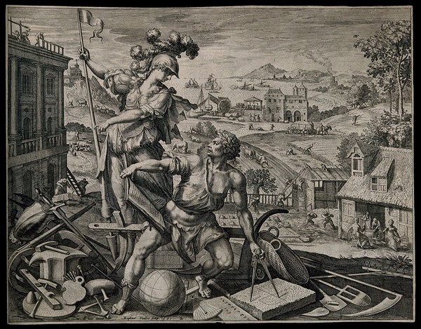 A mathematician draws a semi-circle while Minerva watches over him. Engraving by R. Sadeler, 1591, after M. de Vos.
