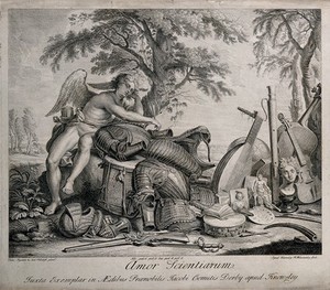 view Cupid (Love) with arrows sits next to items representing arts and sciences. Etching by H. Winstanley, 17--, after F. Snyders and A. van Dyck.