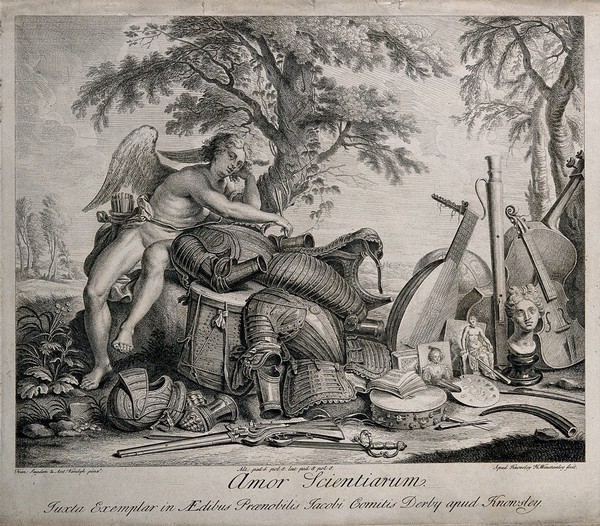 Cupid (Love) with arrows sits next to items representing arts and sciences. Etching by H. Winstanley, 17--, after F. Snyders and A. van Dyck.