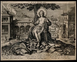 view Apollo, god of literature, plays his harp; a town goes about its rituals. Engraving by J. Sadeler after J. van der Straet, 1594.